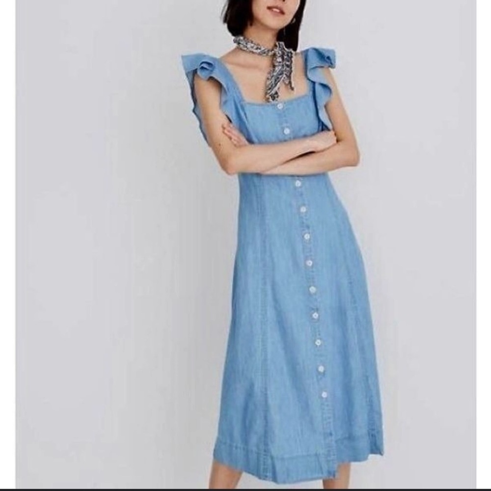 Madewell Blue Chambray Button Up Flutter Sleeve Midi Dress 4P